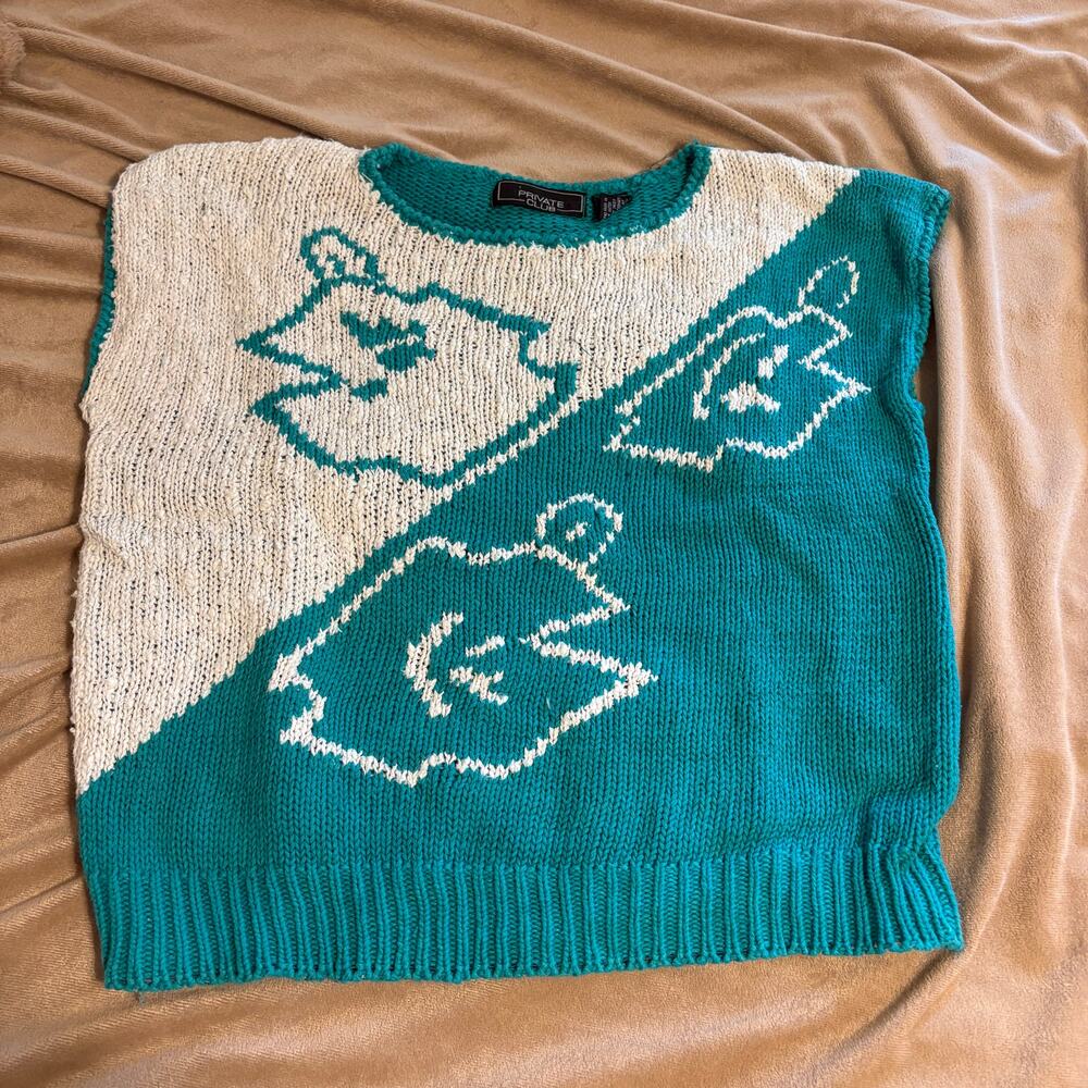 Vintage 1980s Short Sleeve Chunky Knit Sweater Vest Teal White M Two-tone